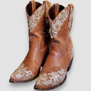 Lane Dawson Embroidered Floral Snip-Toe Cowboy Boots | Brown Leather Women's 8